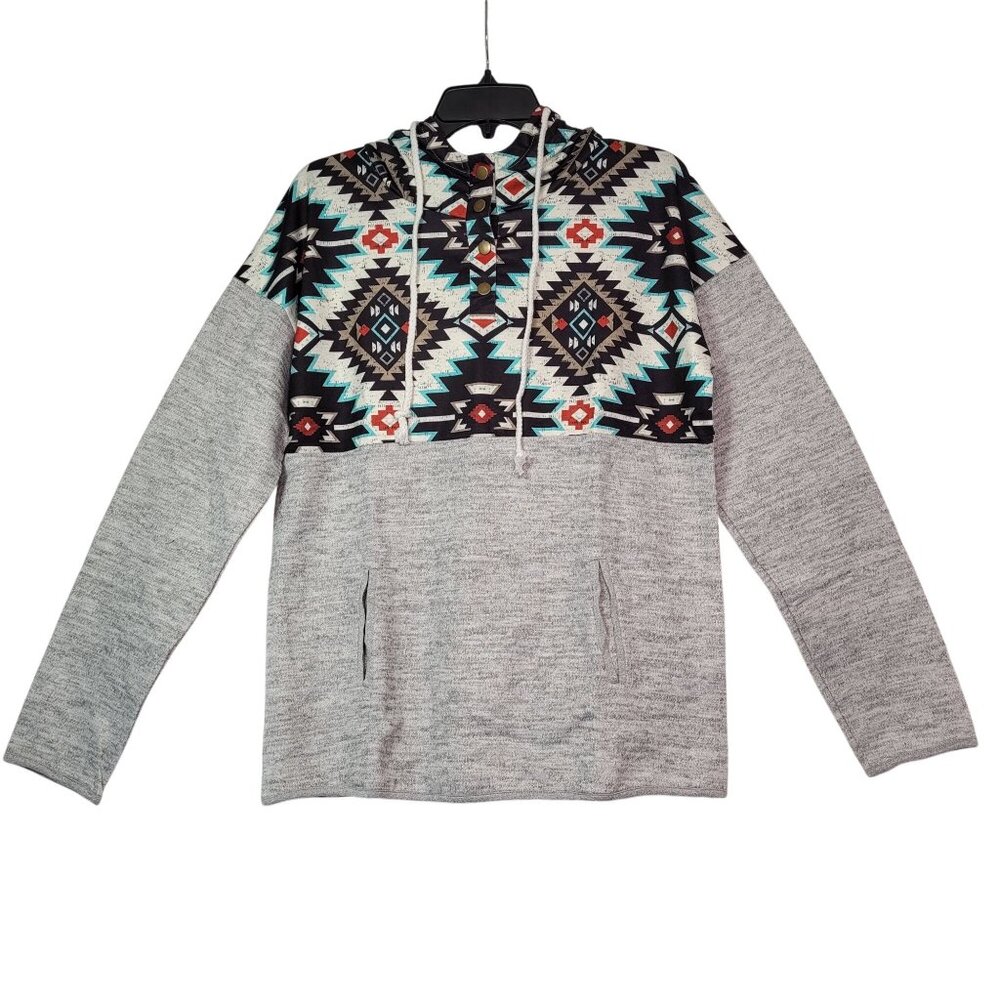 Women's Long Sleeve 4-Button Drawstring Printed Pullover Hoodie/Pockets - Large